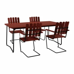 Grythyttan Stålmöbler B31 bord 170 cm + 4 A2 fåtölj mörkröd ek-svart stativ
