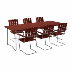 Grythyttan Stålmöbler B31 bord 230 cm + 6 A2 fåtölj mörkröd-varmförzinkat stativ