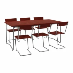 Grythyttan Stålmöbler B31 bord 170 cm + 6 Stol 1 mörkröd-varmförzinkat stativ