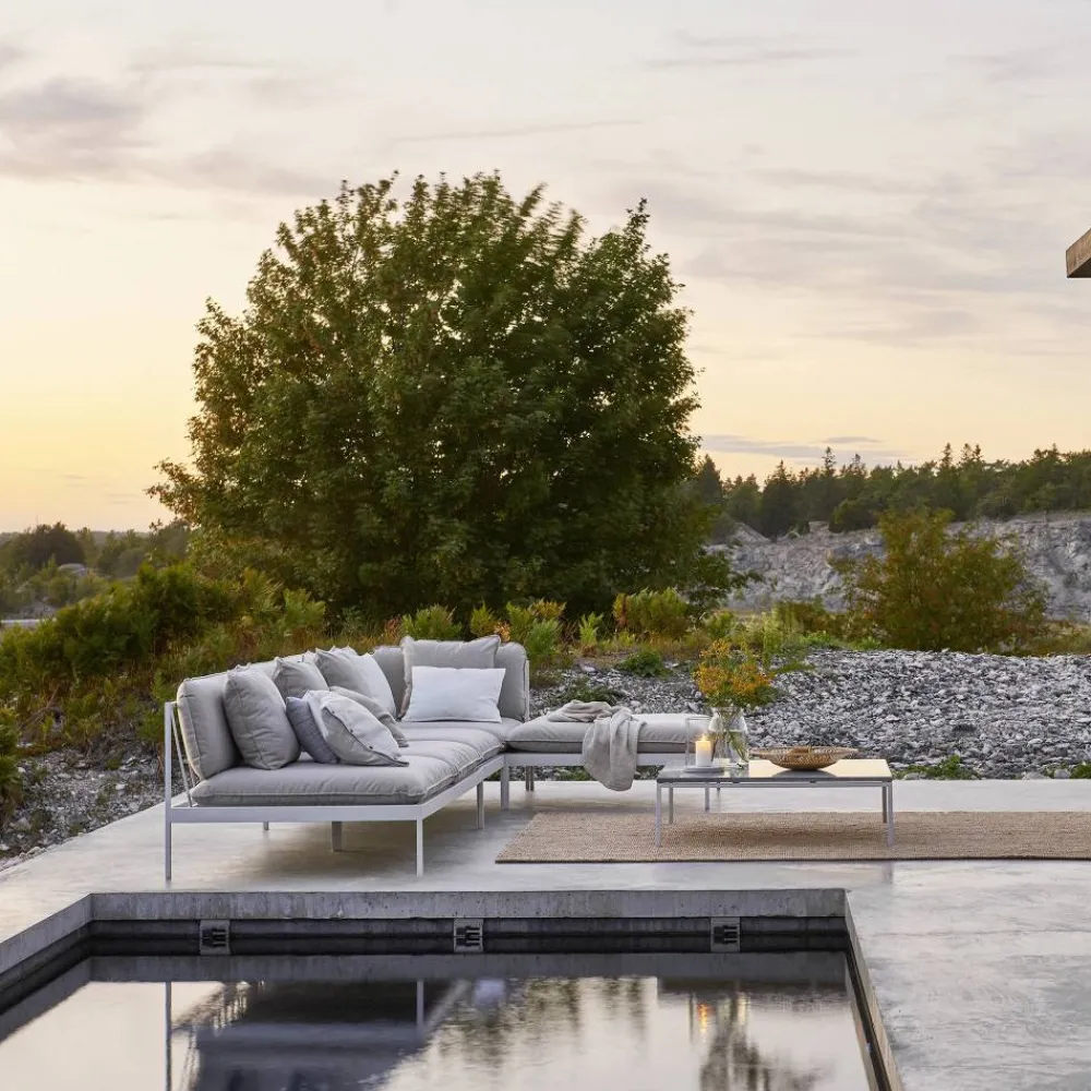 Best Skargaarden Bönan modulsoffa Sunbrella Ashe light grey hörndel ljusgrå aluminium ram