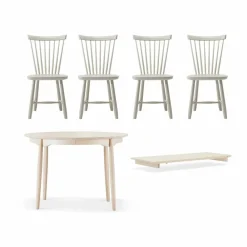 Stolab Carl matbord Ø115 & Ilägg + Lilla Åland stol 4-pack – Ljus björk-beige