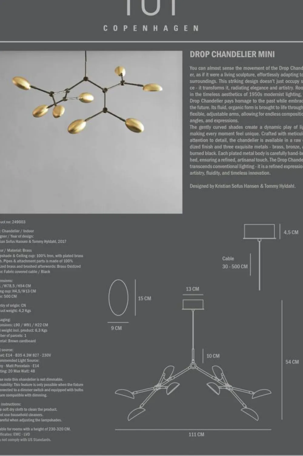 New 101 Copenhagen Drop Chandelier takkrona mini Mässing