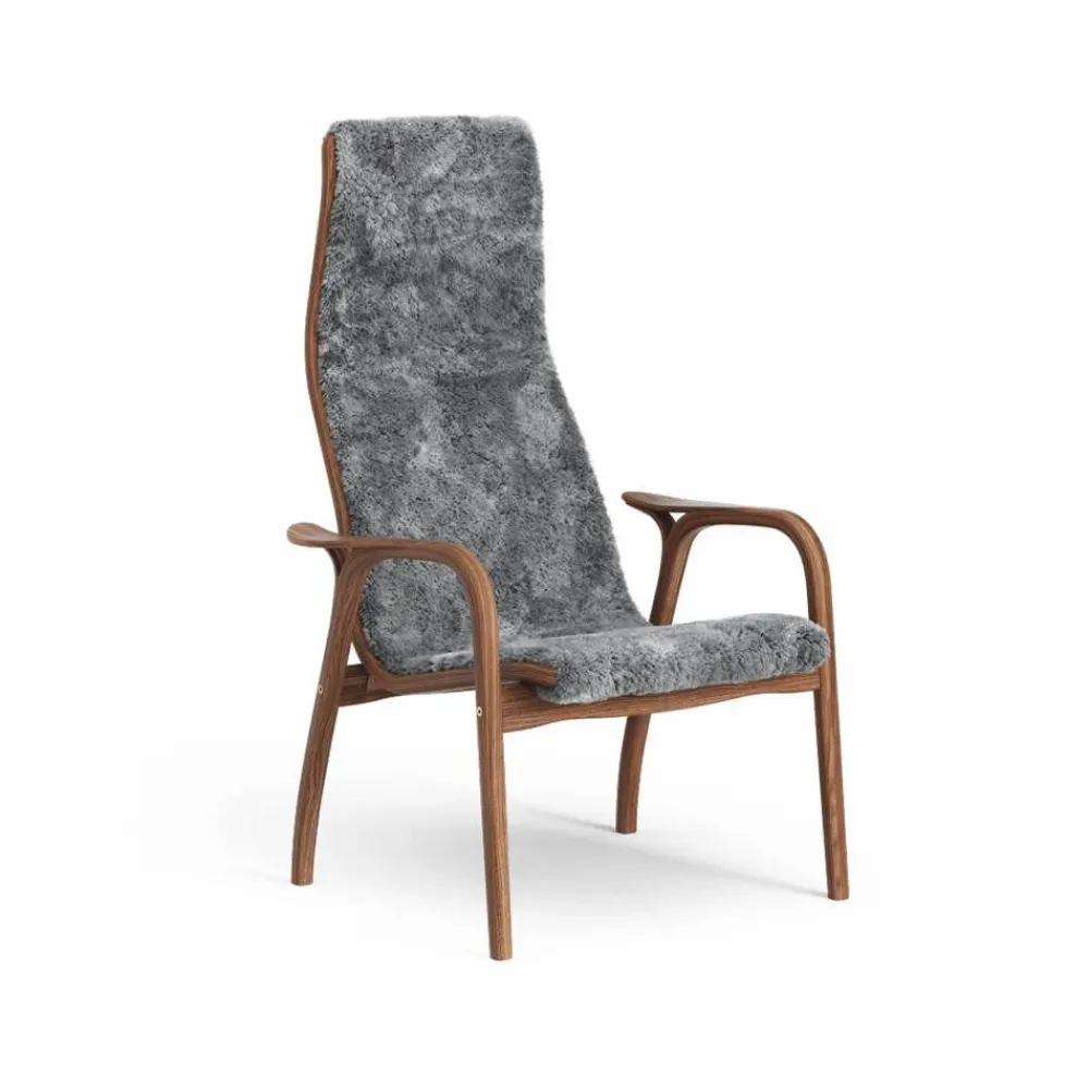 Barn Swedese Lamino fåtölj fårskinn scandinavian grey lackad valnöt