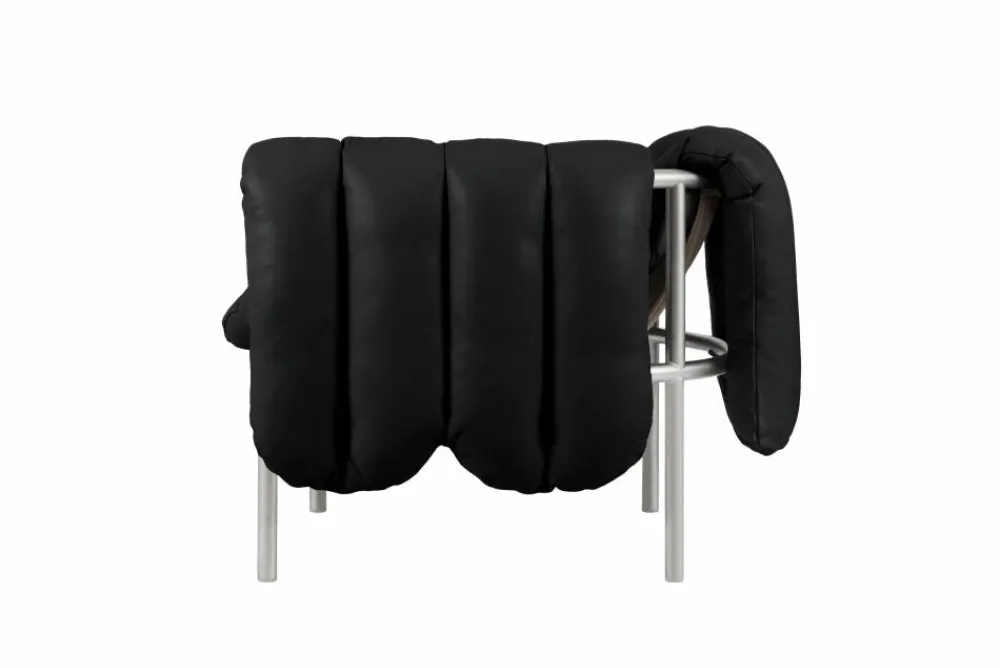 Online Hem Puffy loungefåtölj Black leather-rostfritt stål
