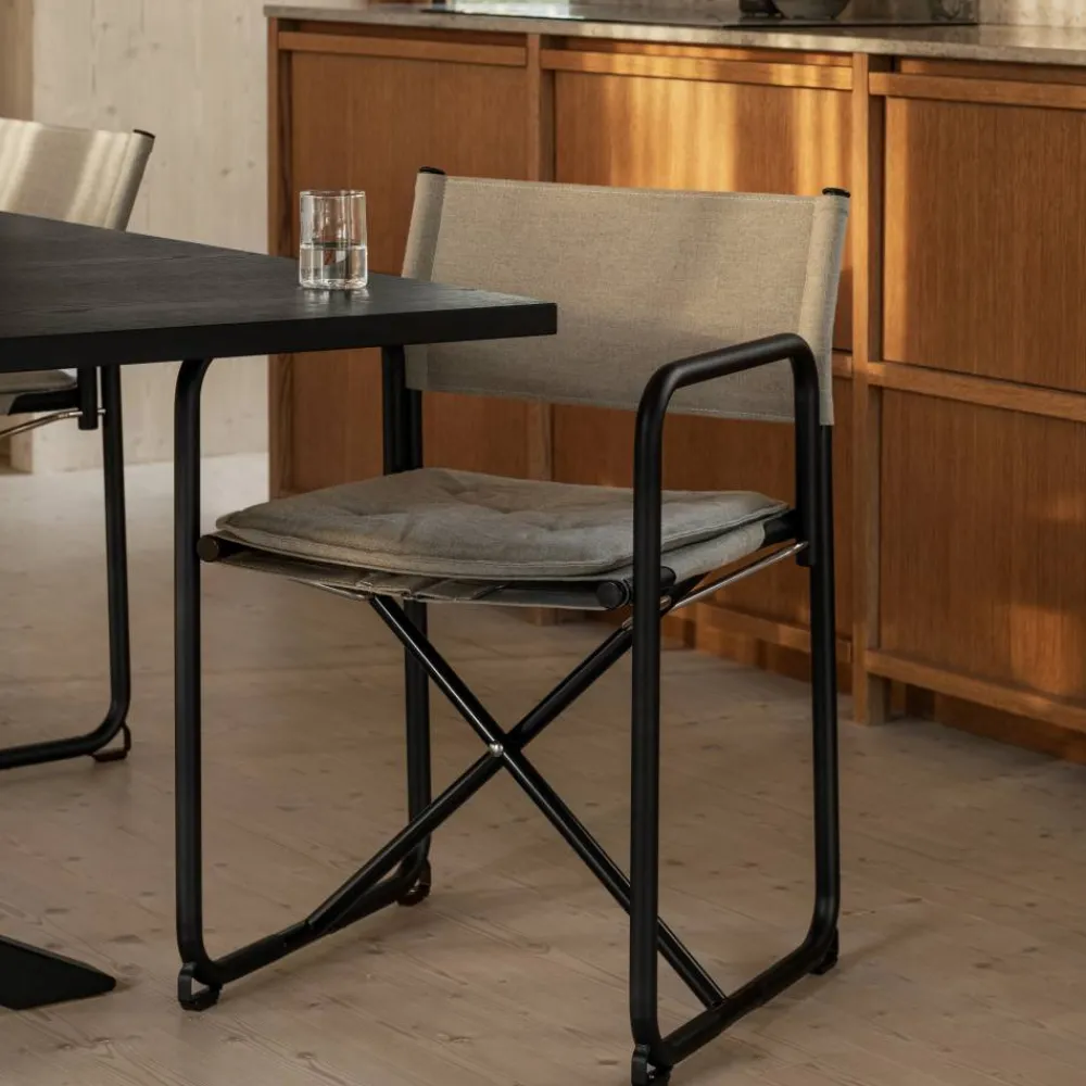 Lammhults X75-2 karmstol Linneväv natur-Elmo Nordic läder Cognac-kromade ben